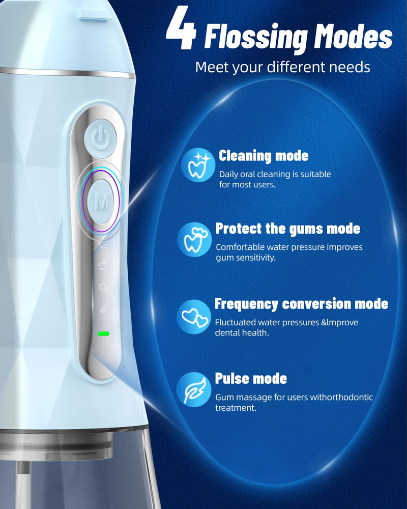 Electric Water Dental Flosser - Cordless Portable Teeth Cleaner, Rechargeable 320ML Larger Water Tank Oral Irrigator, 4 Modes with 5 Jet Tips and Travel Bag, IPX7 Waterproof (Blue) Blue