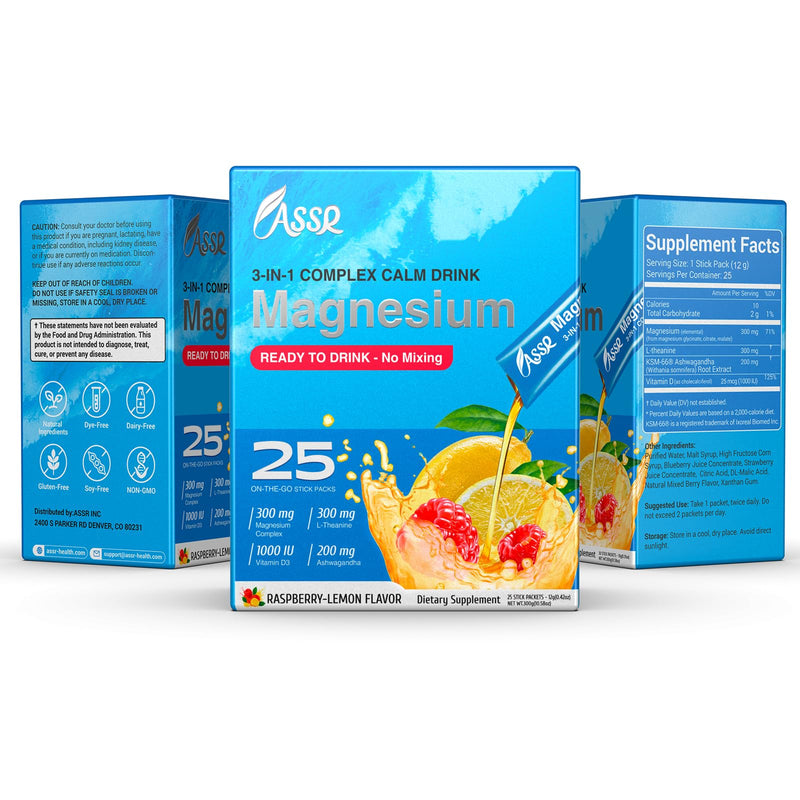 ASSR Supplement Ready to Drink No Mix, Triple Magnesium Glycinate, Malate, Citrate, Ashwagandha, L Theanine, Vitamin D, 25ct 25 Svgs Drink (Pack of 1)