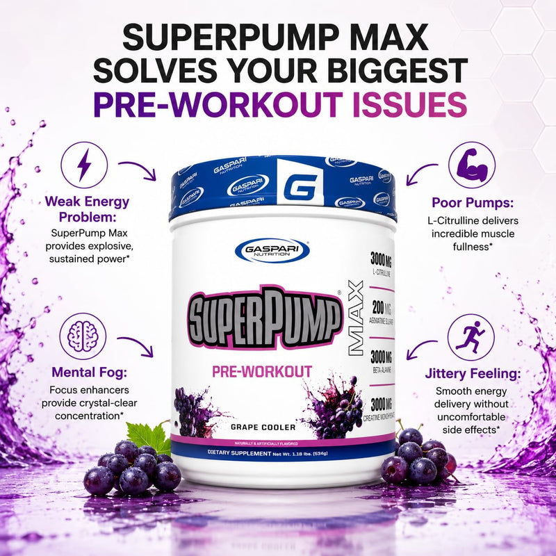 Gaspari Nutrition SuperPump MAX, The Ultimate Pre Workout Powder, Sustained Energy Preworkout, Nitric Oxide Booster, Muscle Growth, Recovery & Replenishes Electrolytes (30 Servings, Grape Cooler)