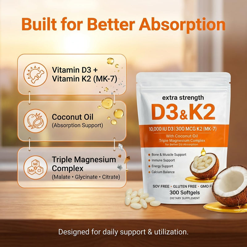Vitamin D3 K2 Magnesium Complex, Extra Strength D3 & K2 with Triple Magnesium Softgels, D3 K2 Vitamin 10000 IU Softgels(1) 1