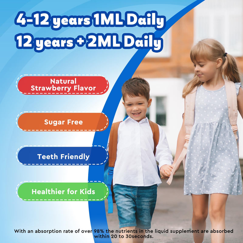 Kids Focus and Attention Supplements with Phosphatidylserine, Omega-3, Magnesium Glycinate & L-Theanine, Brain Vitamins Liquid Drops for Kids Memory, Cognitive, Sleep, Calm & Mood, Strawberry, 4 Fl Oz 4 Fl Oz (Pack of 1)