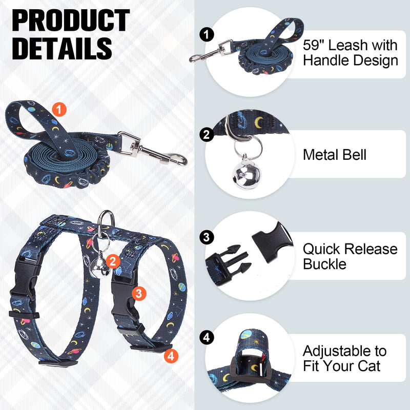 BEAUTYZOO Cat Harness and Leash Set Escape Proof for Walking, Kitten Soft Adjustable Vest Harnesses for Small Medium Large Cats, Easy Control Breathable Plaid Ribbon Nylon for Outdoor Indoor Use Black Star&Moon - BeesActive Australia