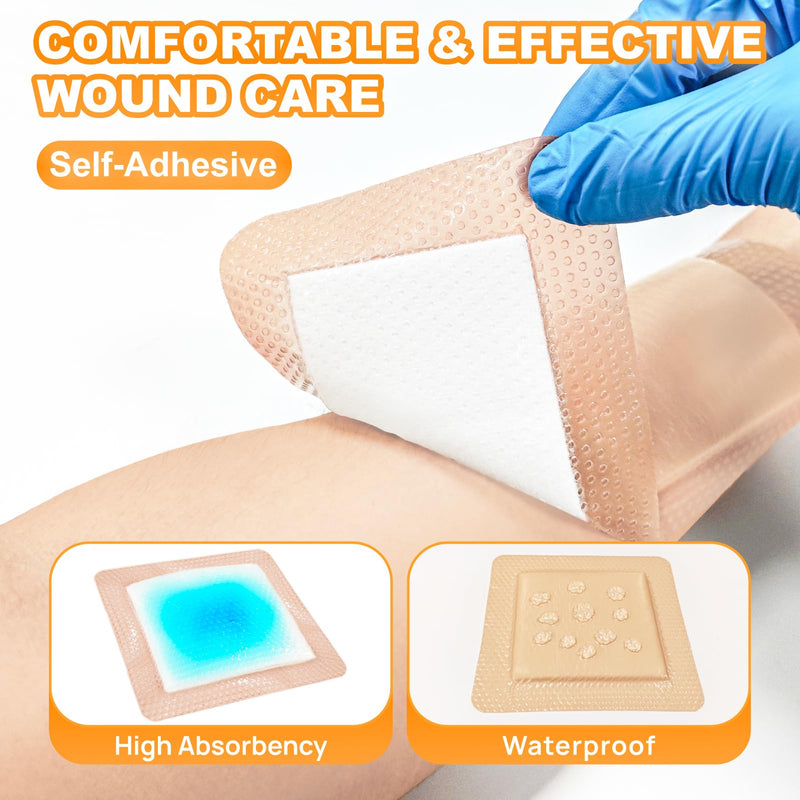 Carbou 4"x 8" Silicone Super Absorbent Wound Dressing, 10 Individual Pack, Self-Adhesive Waterproof Bandage, Soft Highly Absorbent Dressing for Wound Care, Burns, Bedsores, Traumas & Surgical Wounds 4"x8" (Pack of 10) - BeesActive Australia