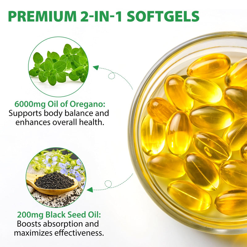 Oil of Oregano Softgels, 120 Count Oregano Oil Supplement Capsules, Oregano Oil Capsules, 165mg Carvacrol, 2 in 1 6000mg Oil of Oregano with Black Seed Oil 200mg 1 Pack - BeesActive Australia