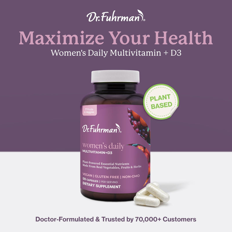 Dr. Fuhrman 2 Month Supply Multivitamin for Women + D3 Vitamin for Immune Support | Vegan Formula Womens Multivitamin with B12 & Zinc | Whole Food multivitamin with 17 Fruits & Veggies | Non GMO Women's