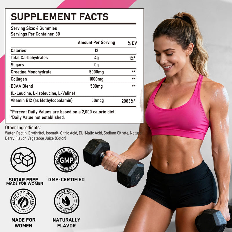Creatine for Women, 5000mg Complex with Collagen & BCAAs, Vitamin B12 | 120 Ct Sugar-Free Creatine Gummies for Women, Creatine Monohydrate Supplements Pre-Workout Chewbles, Creatina Para Mujeres 119 Count (Pack of 1)