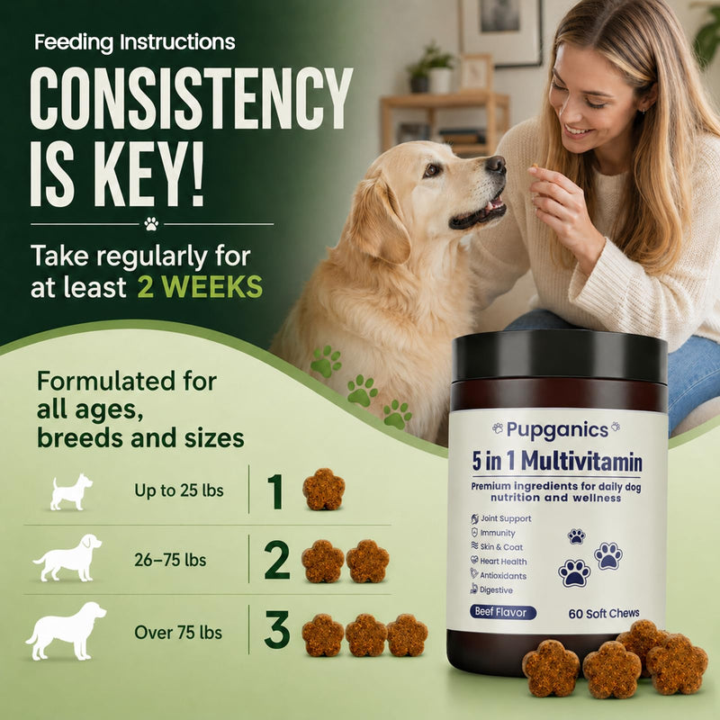 Pupganics Multivitamin Daily Soft Chews for Dog, 5 in 1 multivitamin for Hip & Joint, Heart Health, Skin & Coat, Gut & Immune Support, with Probiotics, Vitamin A/D3/E, Beef Flavor, 60 Chews (1)