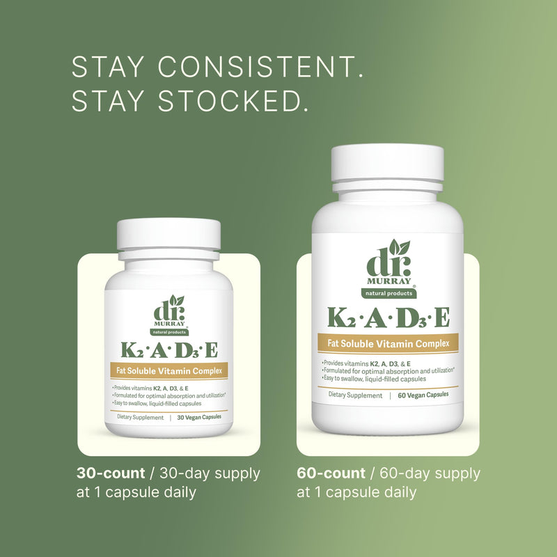 Dr. Murray's Vitamin K2-D3-A-E Liquid Vegan Capsules - Synergistic Fat-Soluble Blend | Bone, Vascular & Immune Support | Third-Party Tested | Clean Formulation | No Artificial Additives | 30 Count 30 Count (Pack of 1)