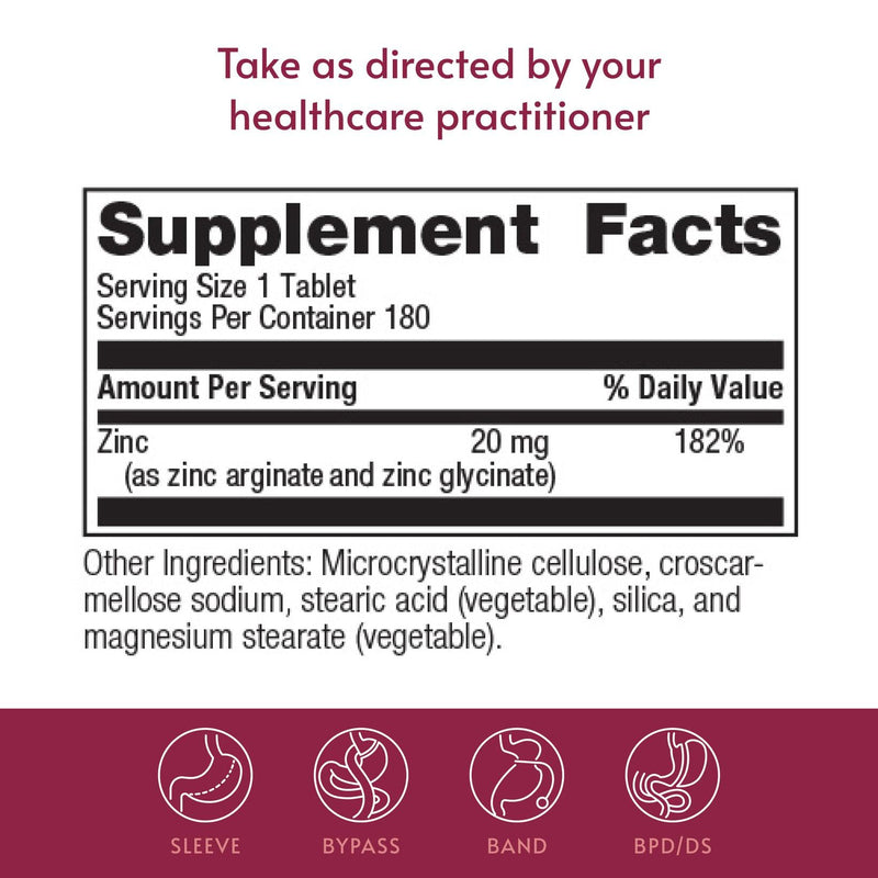 Bariatric Advantage Non Chewable Zinc Chelate, 180 Count | Highly Absorbable Zinc Chelate, 20 mg Zinc as Arginine and Glycine, Tablets for Bariatric Surgery Patients