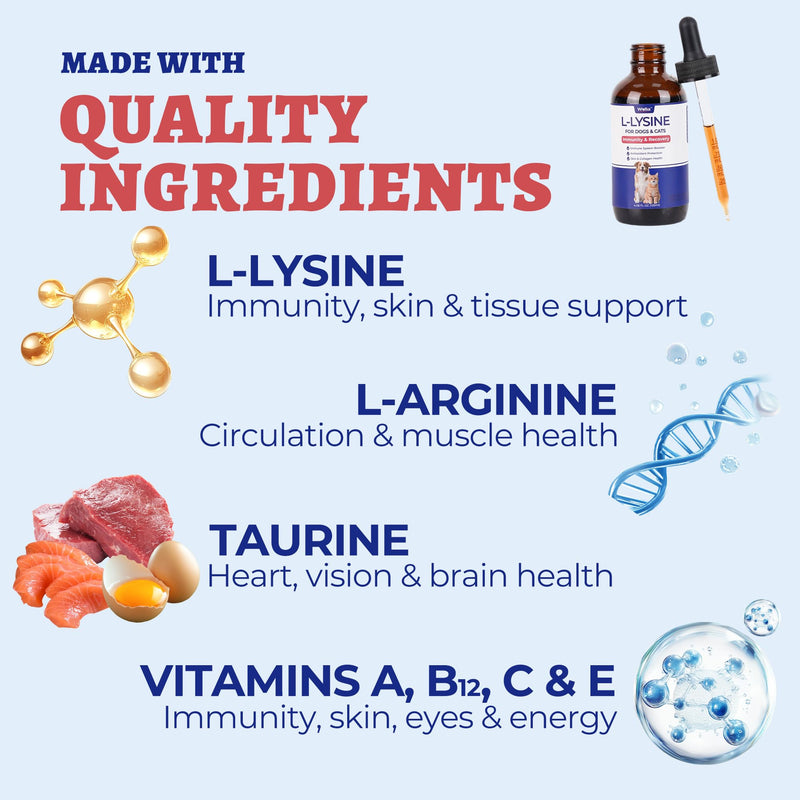 4oz Larger Volume Liquid L-Lysine Drops for Cats&Dogs with Cat & Dog Taurine - Immune Support&Respiratory Support - Sneezing, Runny Nose, Eye Care, Allergy Relief - Chicken Flavor