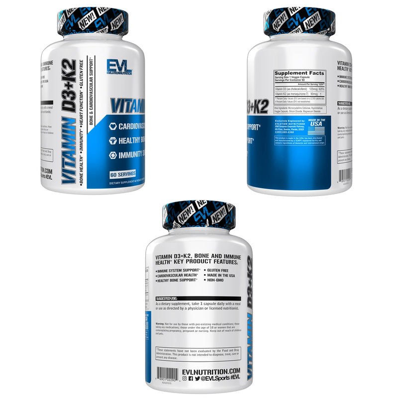 EVL Vitamin D3 K2 Supplement - 5000IU Vitamin D - 90mcg VIT K - 60 Servings | For Heart, Bone and Immune System Support - High Absorption - Gluten Free Veggie Capsules