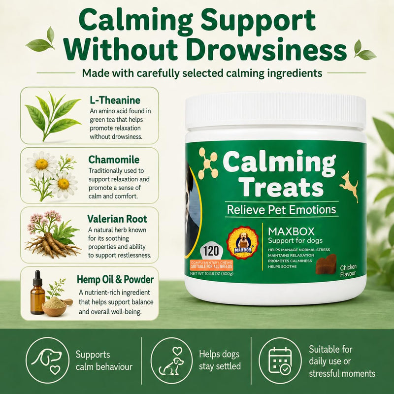 MAXBOX Calming Dog Treats, 100% Natural Soft Chews Reduce Stress, Reduce Stress, Fear, Separation, Barking, Hyperactivity, Reactivity, Aggression, Travel-120 chews