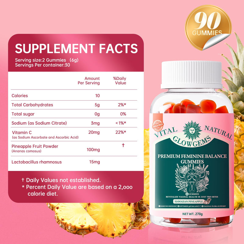Vital Natural Feminine Balance Gummies, pH Balance & Intimate Health Support, Hawaiian Pineapple Flavor, 90 Count 45 Servings, Vegan Probiotic Supplement for Women, Immune Defense 1 Count (Pack of 90)