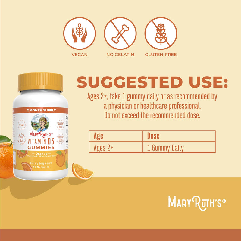 MARYRUTH'S Vitamin D3 Gummies, Adults & Kids Vitamin D, 60 Servings, Vegan | 2 Month Supply, Immune Support Supplement, 1000IU for Bone Health & Muscle Function, Vegan, Non-GMO, Gluten Free, 60 Count Non-Organic