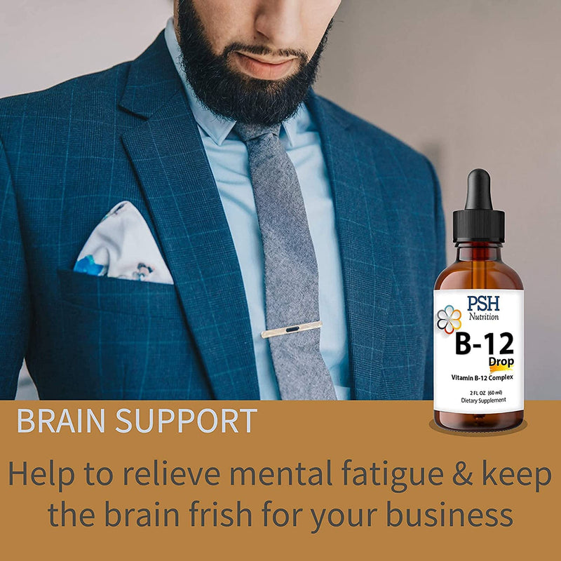 Premium PSH B Complex Liquid Drops with B12 - Natural Energy Booster - USA Made Supplement for Energy and Focus Stress Relief and Energy and Immune Support - 2 fl oz
