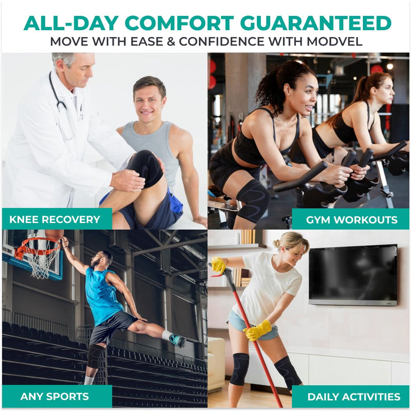 Modvel 2 Pack Knee Brace for Women & Men - Workout Knees Compression Sleeve for Knee Pain Relief Joint Support for ACL, Arthritis, Meniscus Tear Knees Brace for Sports, Rodilleras para Gym Fitness Small Black