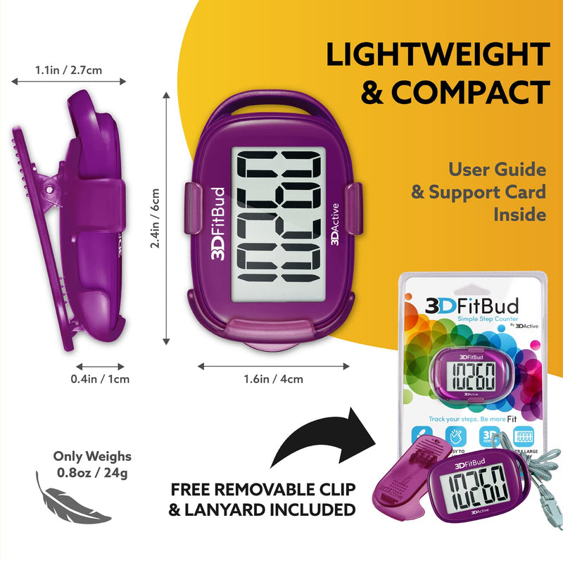 3DFitBud Simple Step Counter Walking 3D Pedometer by 3DActive with Clip, Lanyard Accurate Step Tracker Large Display, Easy to Use for Kids Men Women Adult Seniors Daily Step Tracking - A420S Plum - BeesActive Australia