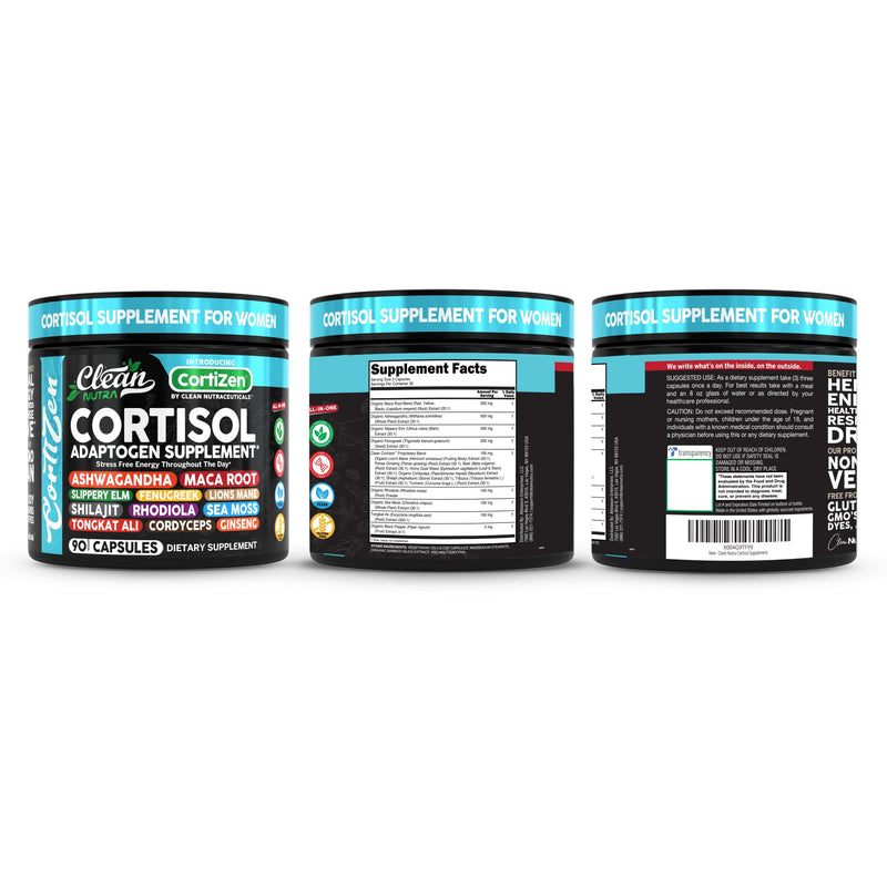 Clean Nutra Cortisol Supplements For Women | Maca Root Ashwagandha Cortisol Detox Manager Reducer + Slippery Elm Fenugreek Lions Mane Shilajit Rhodiola Sea Moss Tongkat Ali Cordyceps Ginseng Beet Root 1