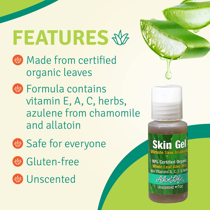 Aloe Life – Skin Gel & Herbs Ultimate Skin Treatment, 99% Certified Organic Whole Leaf Aloe Vera, Vitamins C, A, & E, Head-to-Toe Skin Care Support for the Whole Family, Fragrance-Free (1 oz) Unscented 1 Ounce (Pack of 1)