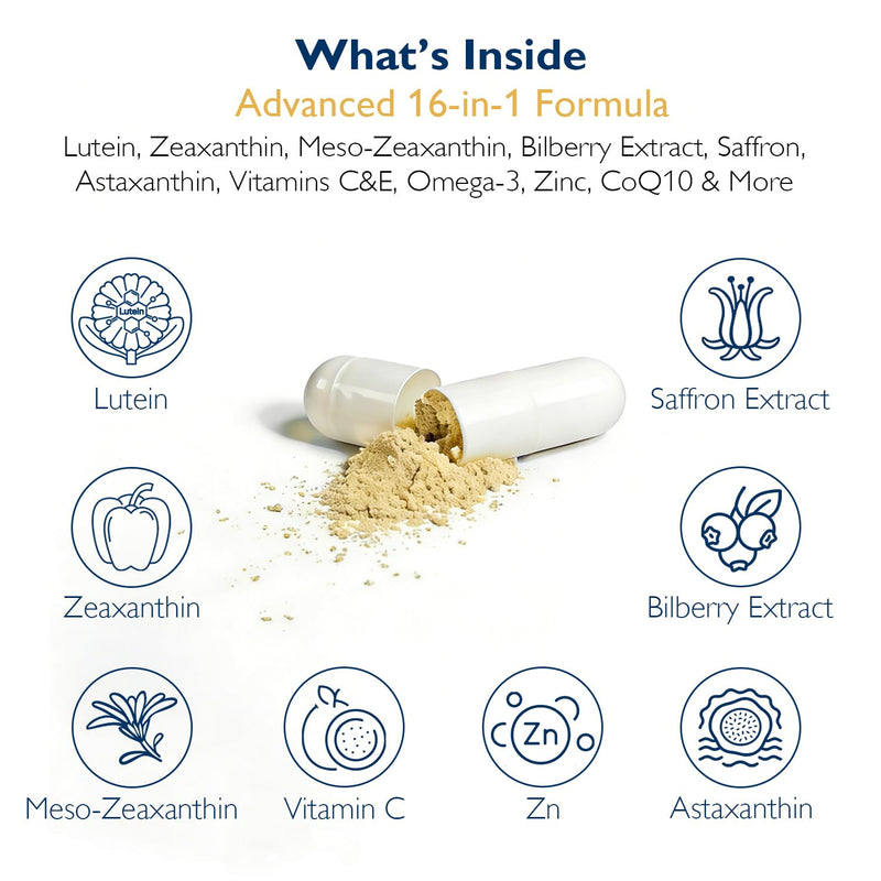 Neurobella Eye Formula, 16-in-1 Eye Vitamins and Mineral Supplement with Lutein 20mg, Zeaxanthin 4mg & Meso-Zeaxanthin 10mg, Astaxanthin, Omega 3, Bilberry & Saffron, Eye Health, 60 Capsules