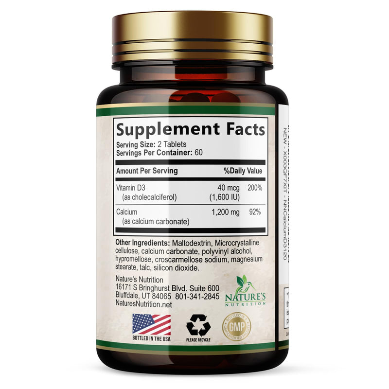 Calcium 1200 mg with Vitamin D3 - Per Serving - Bone Health Supplement - Vitamin D & Calcium Supplements for Women & Men - Bone Strength Support - Natural Calcium Pills - Bottled in USA - 120 Tablets 120 Count (Pack of 1)
