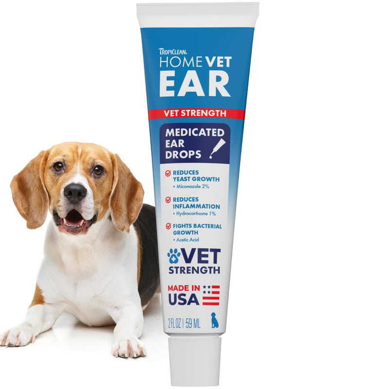 TropiClean HomeVet Medicated Ear Drops for Dogs, Vet Recommended Yeast & Fungal Treatment, Daily Dog Ear Cleaner, USA Made, 2 oz Medicated Ear Drops, 2oz