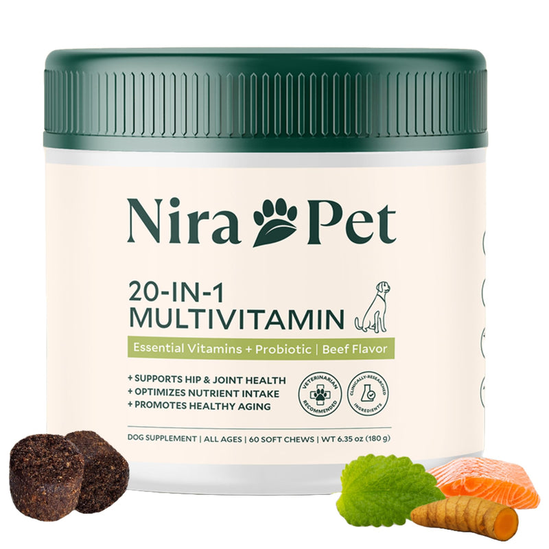 Nira Pet 20-in-1 Multivitamin for Dogs – Beef Flavor – 60 Soft Chews with Glucosamine, Probiotics, MSM, Turmeric & Salmon Oil – Joint, Skin, Coat & Digestive Support