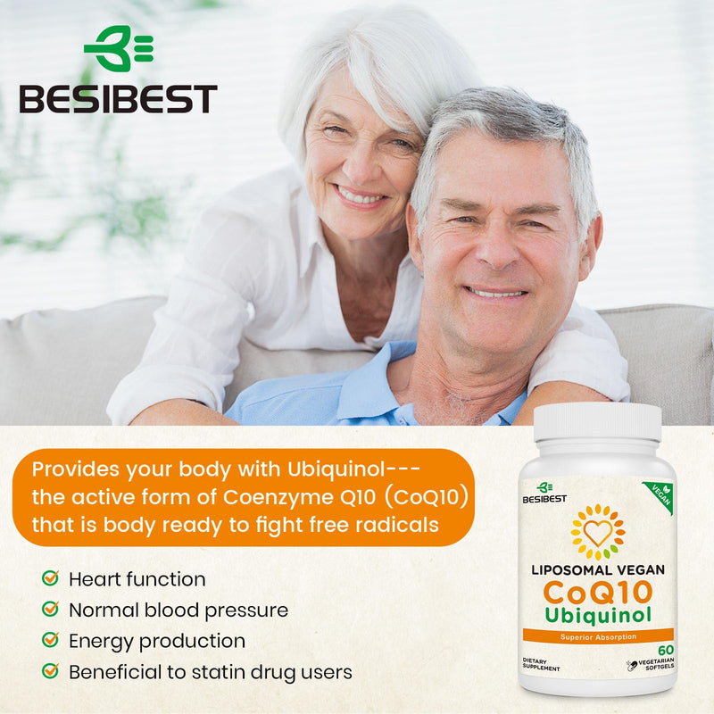 Besibest 1000mg Liposomal CoQ10 Ubiquinol, 60 Vegan Softgels, High Absorption Ubiquinol CoQ10 Supplement, Active Antioxidant Form of Coenzyme Q10 for Heart Function & Energy Production 60 Count (Pack of 1)