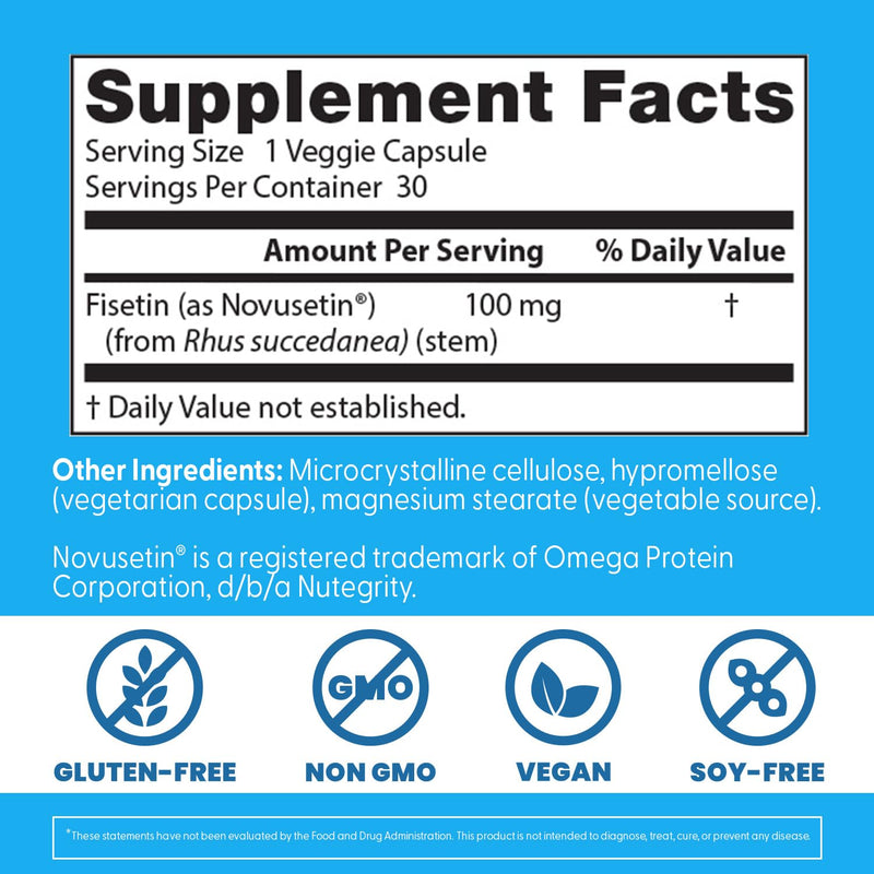 Doctor's Best Fisetin Supplement 100 mg for Men & Women - Brain Health & Antioxidant Support, Fisetin Capsules (as Novusetin) 100mg per Serving, Vegan, Gluten Free, Soy Free, Non GMO - 30 Veg Caps Unflavored 30 Count (Pack of 1)