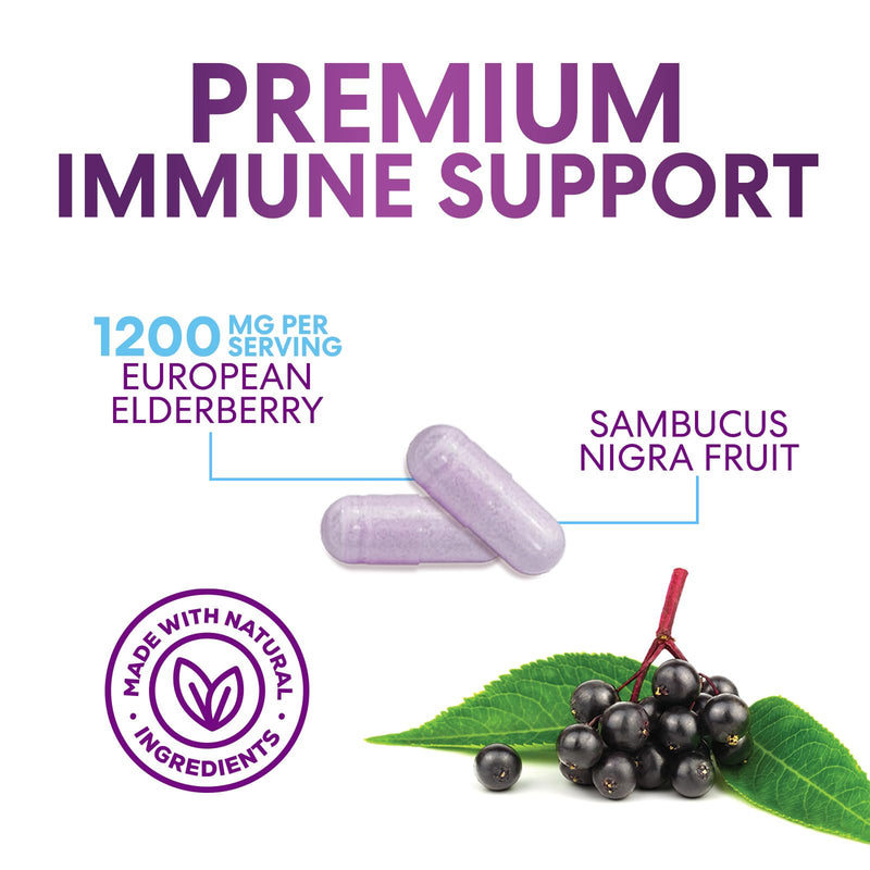 European Elderberry Fruit Extract 1200mg Per Serving Capsules - Sambucus Immune Support with Concentrated Sambucus Black Elderberry Extract, Antioxidant Vitamin Supplement, USA Bottled - 60 Capsules 60 Count (Pack of 1)