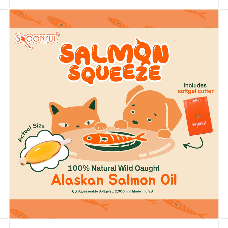 Spoonful Salmon Squeeze - 100% Natural Wild-Caught Alaskan Salmon Oil – 2,000 mg Omega-3 Softgel, 60 Squeezeable Softgels | DHA, EPA & Natural Astaxanthin, Non-GMO, Sustainable, Made in USA (60)