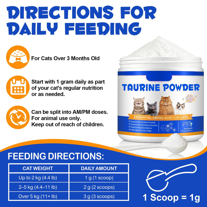 Taurine for Cats, Taurine Supplement for Cats for Heart, Vision, Skin & Coat and Immune Support, Taurine Powder for All Ages Including Kittens, 200g