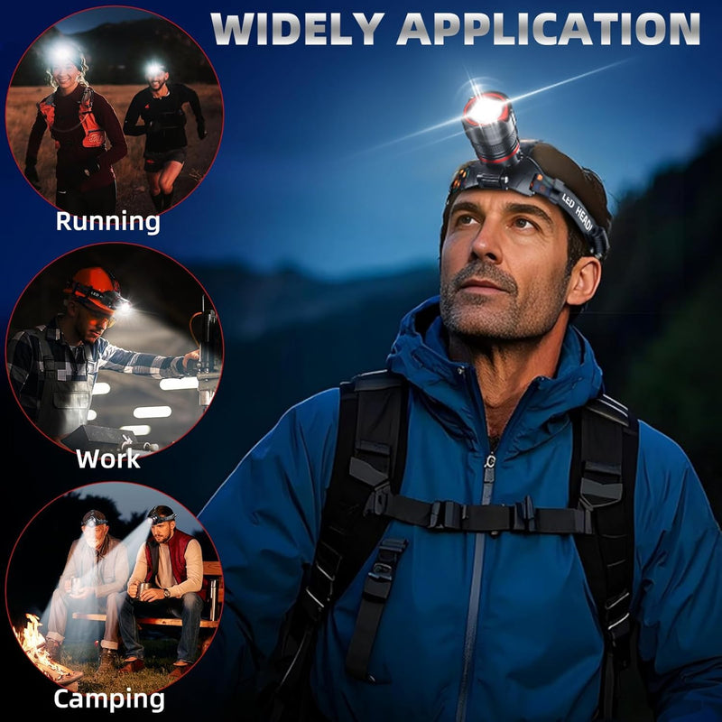 Headlamp 5000 LUMENS LED Rechargeable Head Lamps, Zoomable Headlight with 5 Modes & IPX7 Waterproof, 120° Adjustable Head Lights for Forehead for Outdoor, Camping, Hard Hat, Hunting,Fathers Day Gift - BeesActive Australia