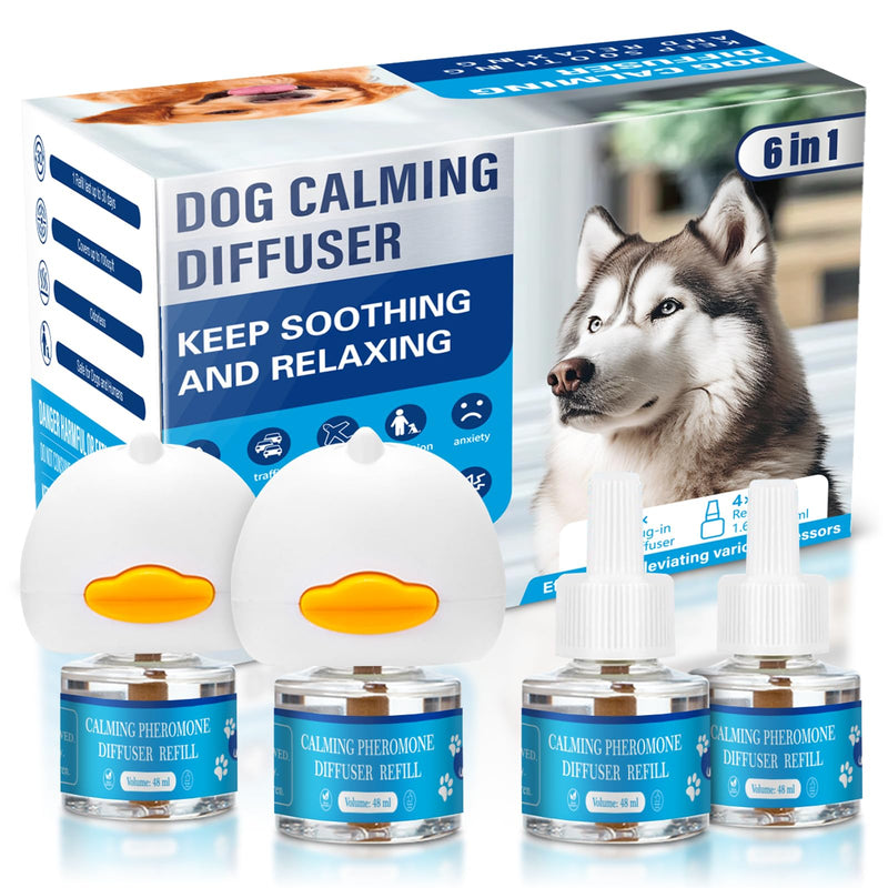 Dog Calming Pheromones Diffuser 6 in 1 Kit Appeasing Pheromone Diffuser to Calm (2 Plug in+4 Pack 48ml Refill) for Anxiety Relief Reduce Aggression Fighting Barking Stress 120 Day Supply(Tasteless)