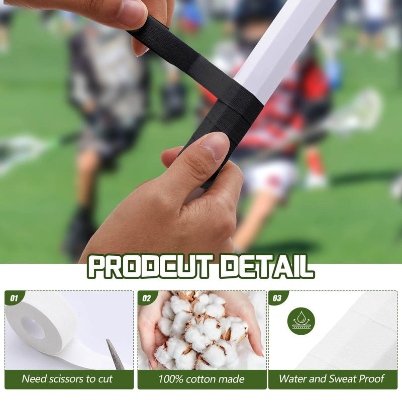 30 ft Lacrosse Stick Tape 1 Inch 1/2 Inch Non-precut Cotton Sweat Absorbent Bat Grip Tape for Lacrosse Baseball Bats Black, White 12 - BeesActive Australia