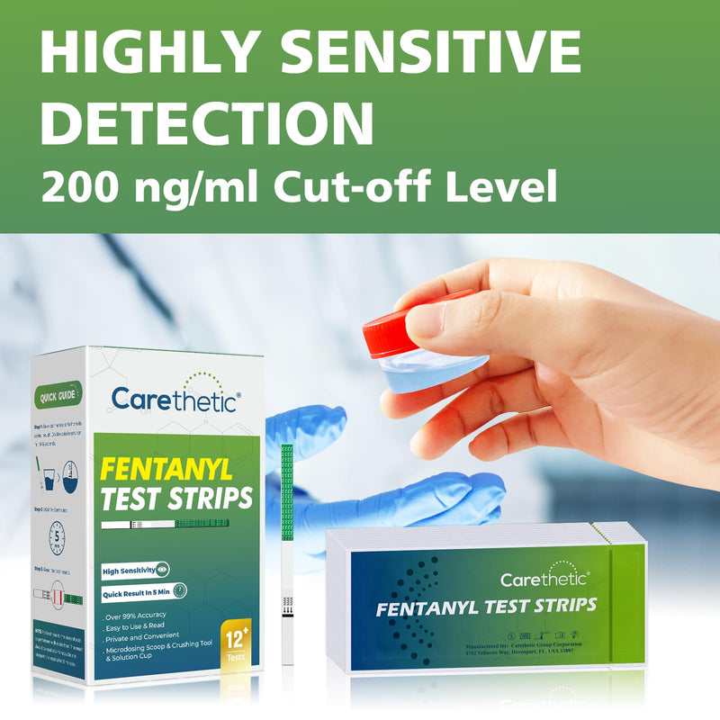 [12 Pack] Carethetic Fentanyl Test Strips Kit - Rapid Drug Testing for Pills, Powder, Liquid with Micro Scoop, Crusher & Specimen Cup