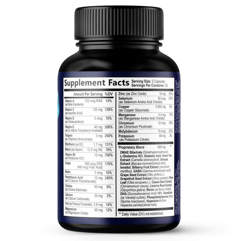 Brain Memory Supplement Pills - 3X Strength Nootropics for Concentration, Clarity & Focus Support - Brain Health Cognitive Vitamins with Bacopa, Phosphatidylserine & DMAE, Brain Booster - 60 Capsules 60 Count (Pack of 1)