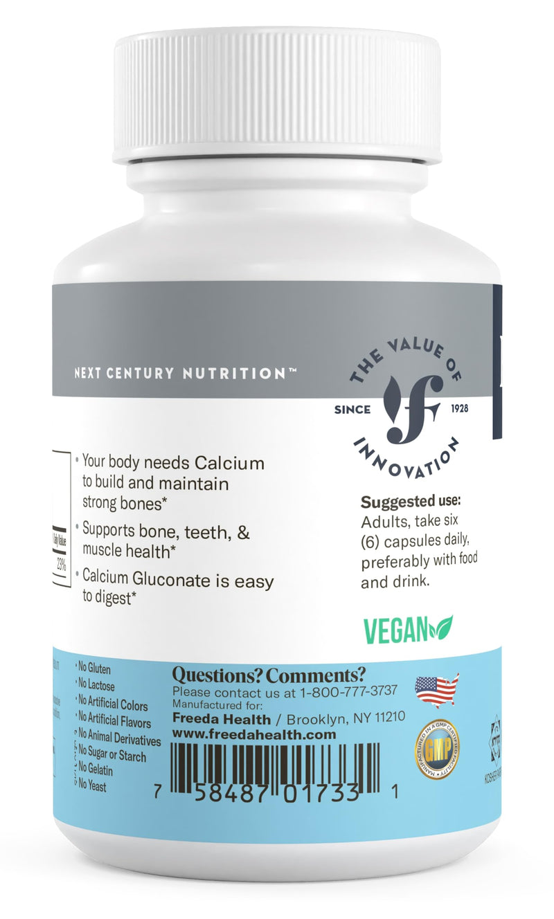 FREEDA Calcium Gluconate Supplement for Bone & Joint Support – 500 Capsules | Supports Teeth & Muscle Health – Pure Calcium w/o Vitamin D – Gentle on Stomach, Easy-to-Digest, Kosher, Vegan, Made in USA 500 Count (Pack of 1)