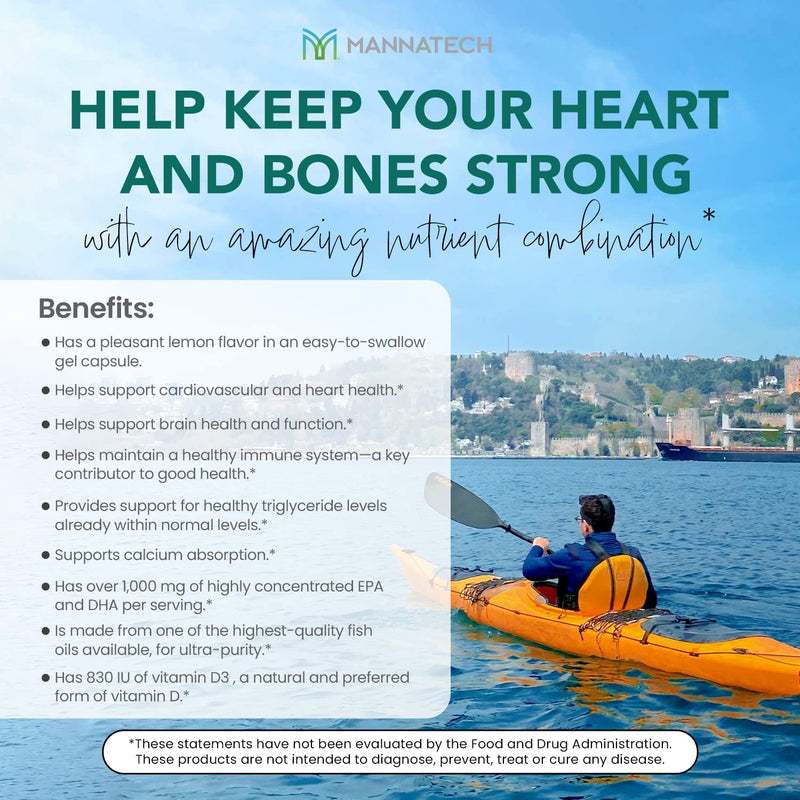 Mannatech - Omega-3 with Vitamin D3 - Softgels | Contains Pure Fish Oil, Omega-3 Fatty Acids, Vitamin D3, Supports Bone, Heart and Cognitive Health, Easy-to-Take Softgels