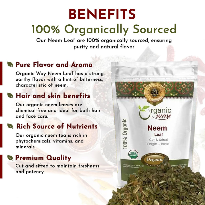 Organic Way Neem Leaf Cut and sifted | Herbal Tea | Premium Neem Leaf | USDA Certified | Non GMO & Gluten Free | Origin - India (4 oz - 1/4 lbs) 4 Ounce (Pack of 1) - BeesActive Australia