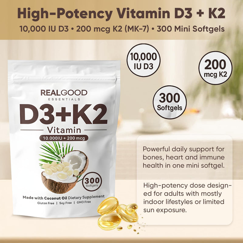 Real Good Essentials Vitamin D3 K2, Essentials D3+K2 (MK7) Coconut Oil 300 Softgels, with Vitamins D & K (1)