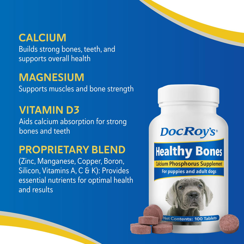 Doc Roys Healthy Bones Calcium and Phosphorus Chews for Dogs and Cats, Bone and Teeth Health Supplement with Vitamin D3, Roast Beef and Liver Flavor, 100 ct 100 ct - Chewable Tablets