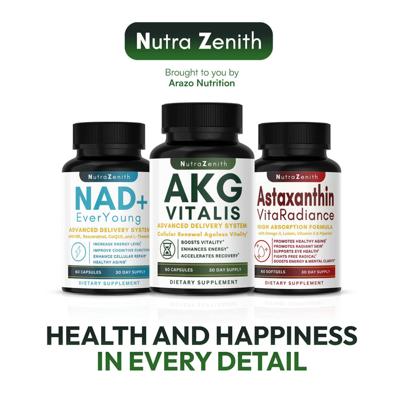 AKG Anti-Aging & Energy Boost Supplement with Vitamin B6, Vitamin C & L-Arginine – 60 Capsules for Youthful Skin, Cellular Renewal & Vitality Support