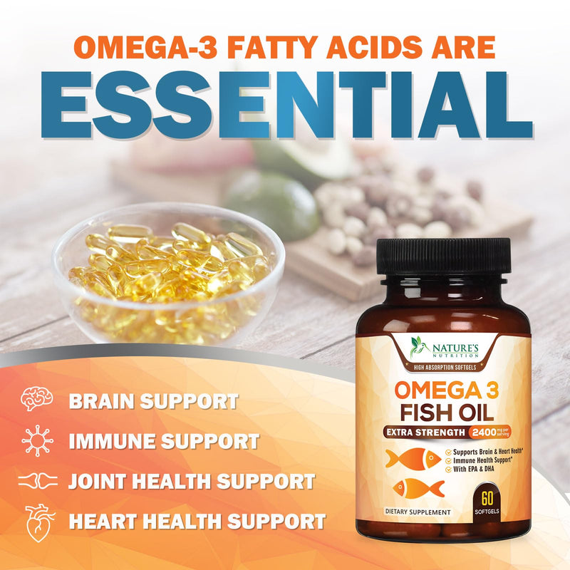 Omega 3 Fish Oil Supplements - 2400mg Fish Oil Per Serving - Triple Strength Omega-3 with EPA & DHA Fatty Acids - Natural Heart, Brain & Immune Support - Wild Caught, Bottled in USA - 60 Softgels 60 Count (Pack of 1)