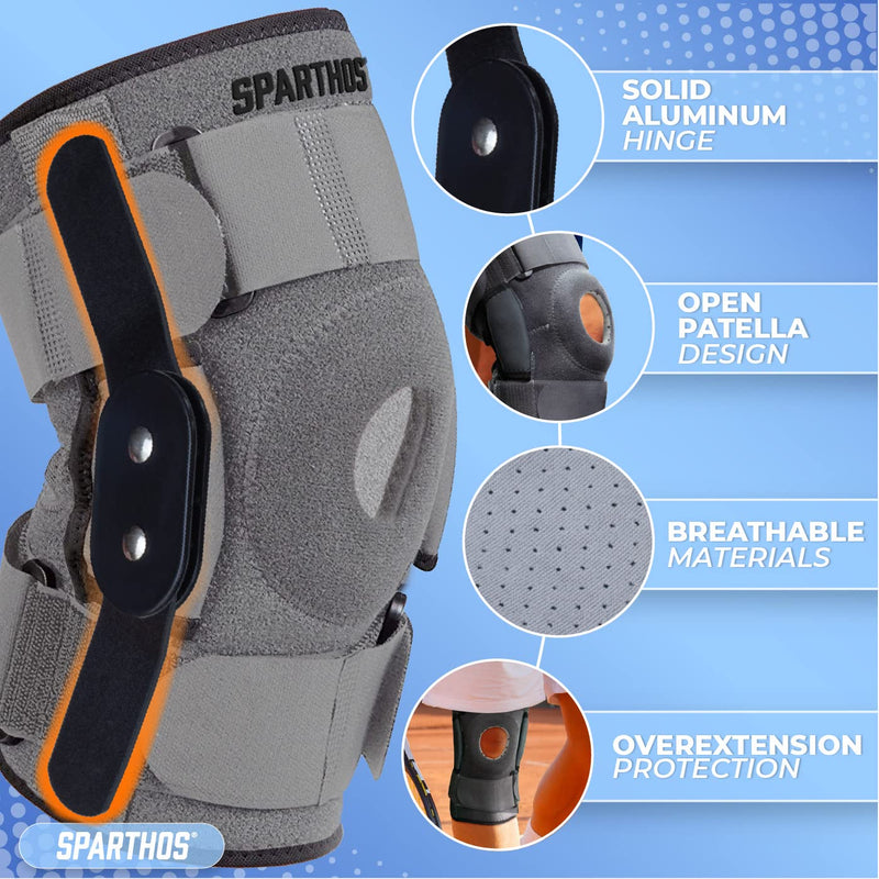 Sparthos Hinged Knee Brace - Relieves ACL, MCL, Meniscus Tear, Arthritis, Tendon Pain - Dual Metal Side Stabilizers - Support for Running, For Men and Women Check Size Chart (Large, 15½-20″ Thigh) Gray/Black Large
