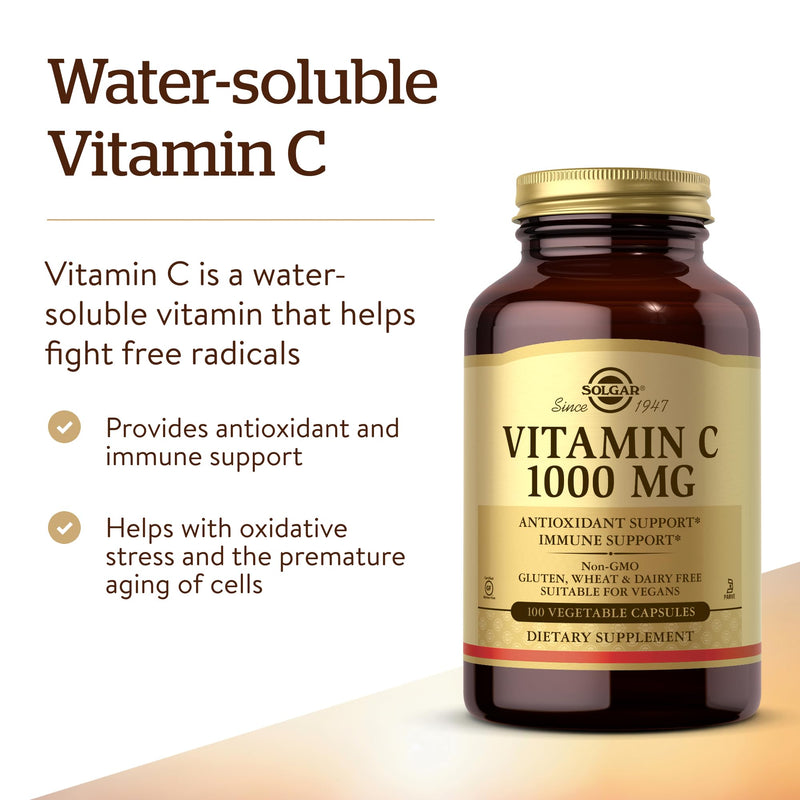 Solgar Vitamin C 1000 mg, 100 Vegetable Capsules - Antioxidant & Immune Support - Overall Health - Healthy Skin & Joints - Bioflavonoids Supplement - Non-GMO, Vegan, Gluten Free, Kosher - 100 Servings - BeesActive Australia