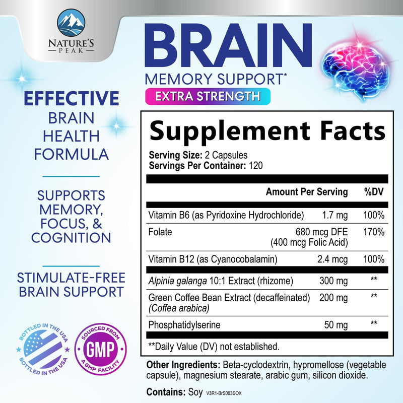 Brain Memory Supplement Pills - 3X Strength Nootropics for Concentration, Clarity & Focus Support - Brain Health Cognitive Vitamins B6 B12 with Folate & Phosphatidylserine, Brain Booster, 240 Capsules 240 Count (Pack of 1)