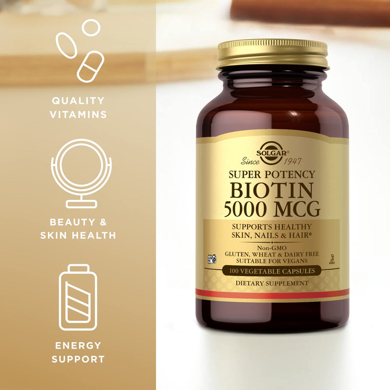 Solgar Biotin 5000 mcg - 100 Vegetable Capsules - Supports Healthy Skin, Nails & Hair - Non-GMO, Vegan, Gluten Free, Dairy Free, Kosher - 100 Servings 1 Count (Pack of 100)