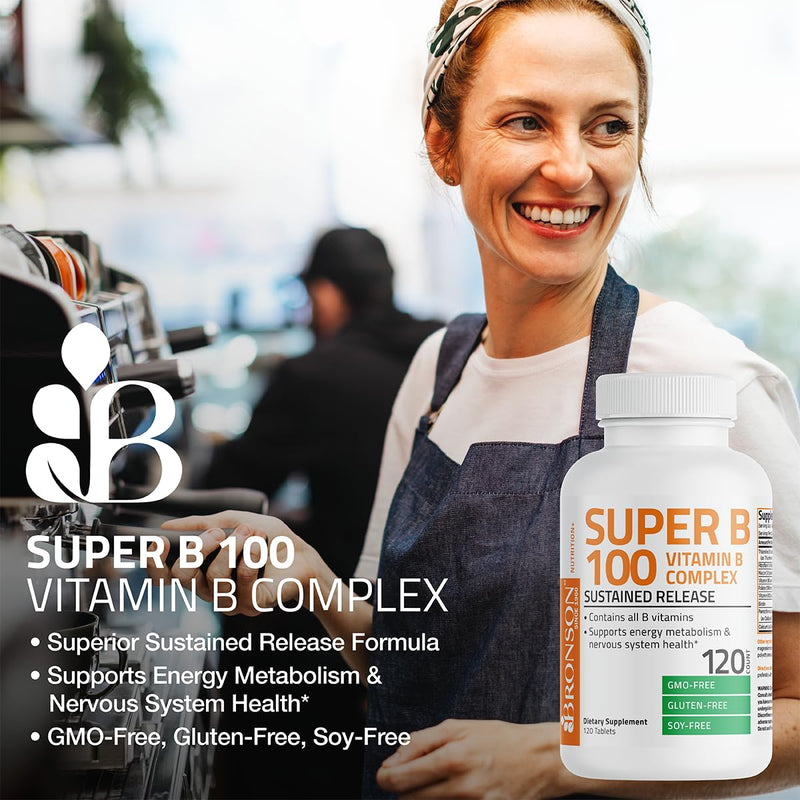Bronson Super B100 Vitamin B Complex Sustained Release, 60 Tablets | B1, B2, B3, B6, Folic Acid, B12, Biotin & Pantothenic Acid, Energy & Nerve Support, Non-GMO, Gluten-Free & Soy-Free Unflavored 60 Count (Pack of 1)