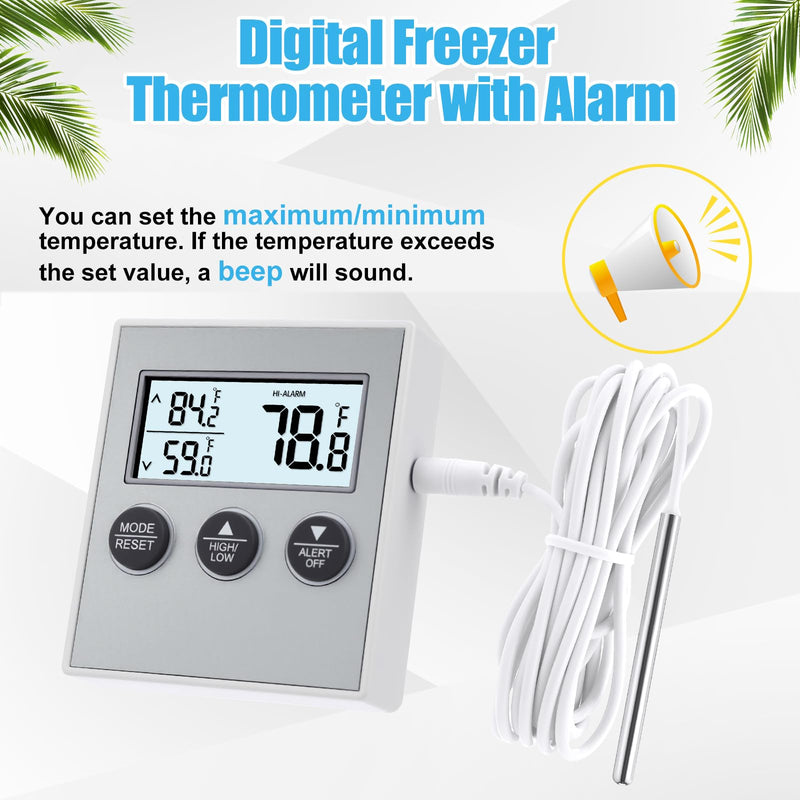 Relaxweex 3 Pack Refrigerator Thermometer Freezer Alarm Digital Thermometer with Sensor, High and Low Alarm Memory Function for Freezer Fridge Kitchen Aquarium(White) White